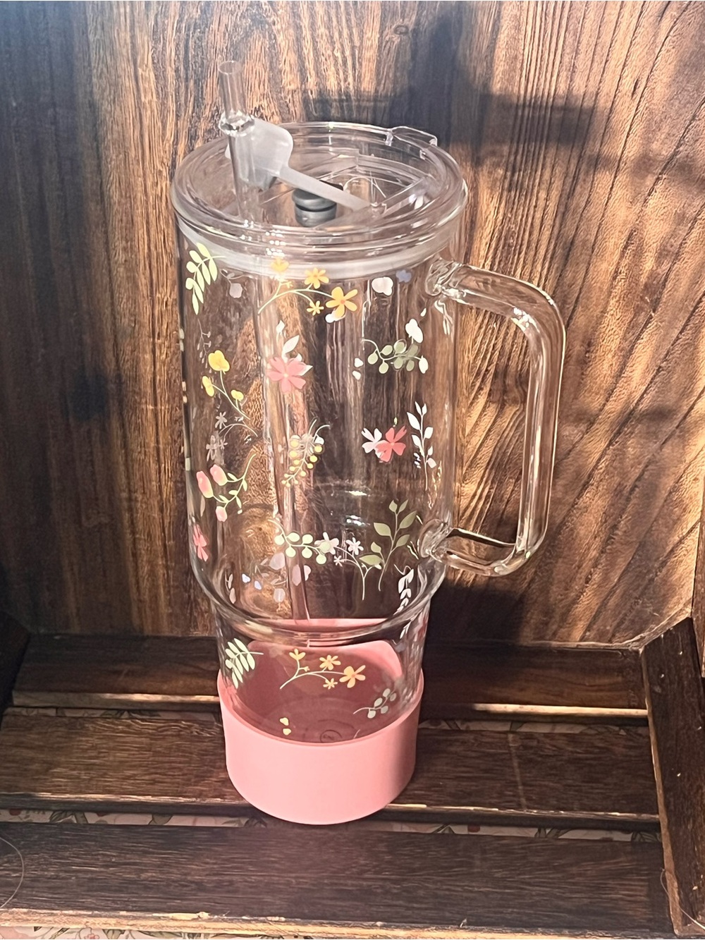 Floral Clear glass Travel Mug with Pink Base